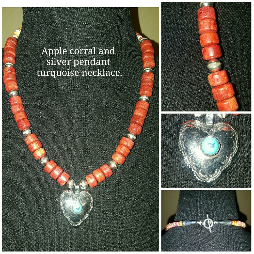 Apple coral with silver heart pendant necklace